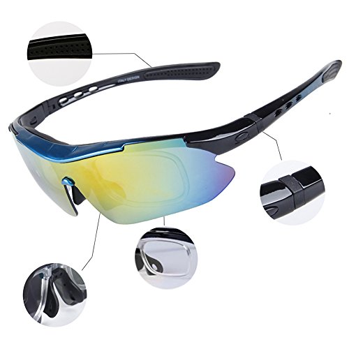 Radbrille Polarisiert Sportbrille QHUI UV400 Outdoor Biegbaren Nasenbügel mit 5 Wechselbare Linsen für Skilaufen Golf Radfahren Laufen Angeln Baseball