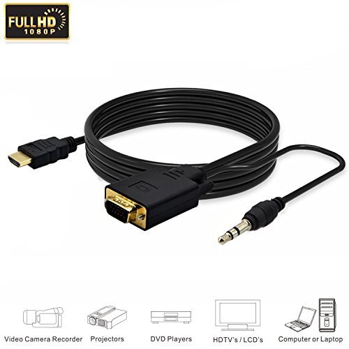eBerry HDMI to VGA Converter Adapter Cable w/ 3.5mm Stereo Audio Output 1080P Full HD One-way Signal Conversion from HDMI (PC, Laptop, Apple TV, Xbox, PS4) to VGA (Monitor, Projector, TV), 1.8m/6ft
