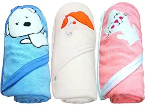 BRANDONN Baby Boys and Girls Terry Cotton Baby Bath Towel Cum Baby Wrapper Towel (Blue, White, Pink, 0-2 Years) - Combo of 3