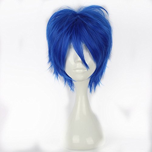 Layered Dark Blue 30cm Long Women Men Anime Heat Resistant Cosplay Wig+Cap