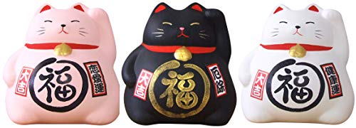 Gifts Of The Orient Un Gato Maneki Neko Feng Shui Suerte Conjunto de Tres Rosa Blanco y Negro - tamaño Mediano