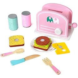 yoptote Cuisine en Bois Enfant - Grille Pain Bois Accessoire Cuisine Jeu D'imitation Enfant Jouet Machine a Pain Petit Dejeuner Enfant (Rose)