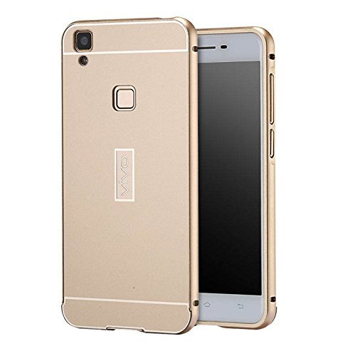 Johra Luxury Mirror Aluminium Metal Bumper Back Cover Case for Vivo V3 Mirror Cover - Golden