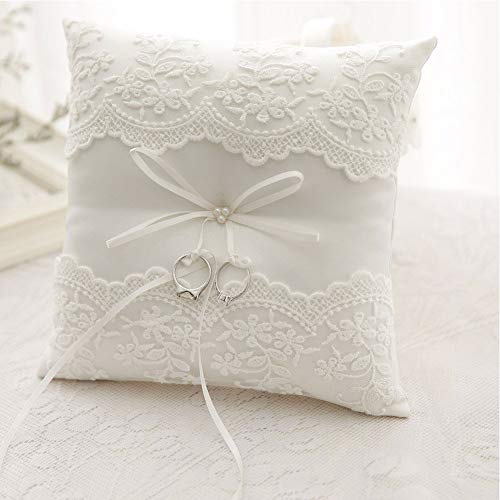 QLING - Cojín para Anillo de Boda, Elegante, Bordado de Encaje Satinado, Color Blanco Marfil, con Lazo Decorativo, 20 x 20 cm, Blanco, Tamaño Libre