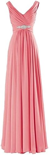 Xsiapas Women Sexy V Neck Elegant Prom Maxi Dress Pleated Wedding Bridesmaid Long Dresses Evening Party Cocktail Rhinestone Waist Zip Closure Dress 20 Colors Size EU 34-52