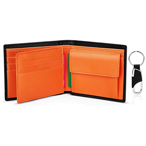 TEEHON Portefeuille Homme Classique Porte Carte Crédit Cuir Véritable RFID 10 Porte-Carte de Crédit (fenêtre ID), 2 Compartiment à Billets, 1 Poche à Monnaie, 1 Porte-clés, 1 Boîte Cadeau -Noir Orange