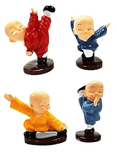 Decoration Homey Polyresin Buddha Kungfu Monk Showpiece, Red 7x5 cm , Yellow 6x7 cm , Blue 6x5 cm , Sky Blue 7x3 cm , Multicolour, Set of 4