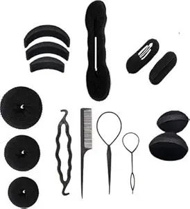 AURINKO Hair Accessories - Set of 2Pc Hair Puff Up Volumizer, Banana Bumpit Juda Bun, All Size Donut, Oval Hair Puff Maker Hair Style Accessory (Black)