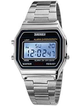 yisuya Unisex Alarm Chronograph Silber Harz Fall Quarzuhr mit Digital Zifferblatt Edelstahl Armband