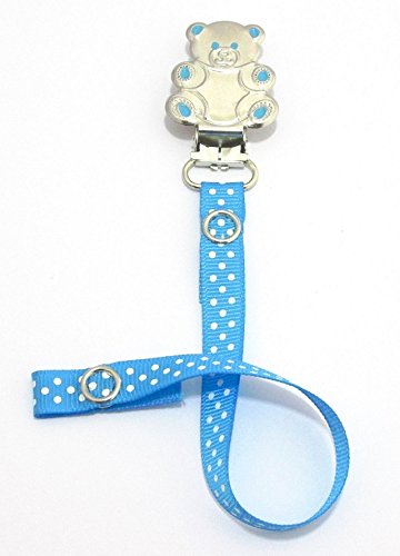 Pacifier soother dummy holder clip for Baby girl/boy [blue polka dots ribbon -teddy clip]