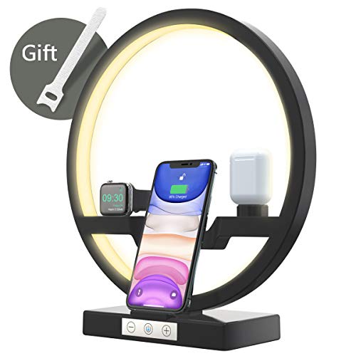 Bestrans Wireless Charger mit LED Lampe, Wireless Ladestation 4 in 1 für AirPods Apple Watch 5/4/3/2, iPhone 11/XS/XS Max/XR/X/8, 3 Arten Lichter Justierbar, Notenknopf ändern Lichtintensität