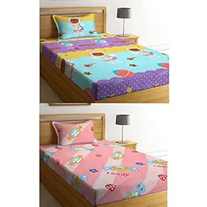 NEW LEAF Cotton Feel Soft and Smooth Cartoon Printed 2 Single Bedsheets Special for Kids or Your Baby with 2 Matching Pillow Covers (Candy & Ranbow)