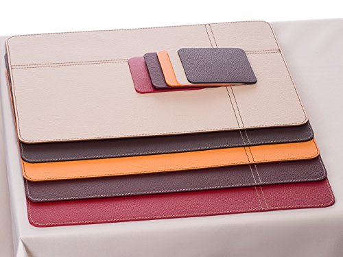 Platzsets und Untersetzer aus recyceltem Leder Tisch-Sets, 2 Stück (weiß, braun, orange, rot, burgund) Tischsets, Tisch-Matten, Tischsets 40 x 30 cm und Untersetzer 10 x 10 cm, Burgunderrot, - 6