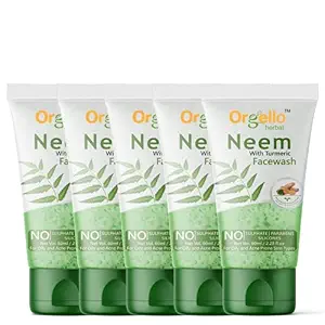 Orgello Herbal Neem And Turmeric Face Wash | 5 X 60 ml |Neem Extract | Turmeric Extract | Vitamin E | Paraben And Sulfate Free | Men women Boys Girls | All Skin Types | Pack of 5