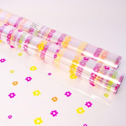 5m x 80cm Multi Coloured Dainty Daisy Design Print - Pink, Orange, Green on Clear Cellophane Film Wrap Roll - 5 Metres