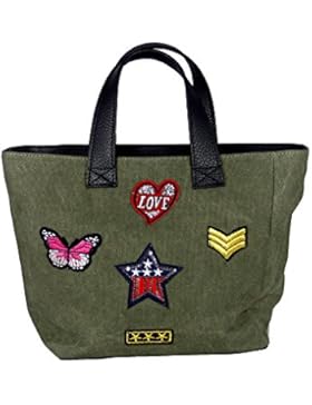Süße Canvas Style Henkeltasche mit aufgenähten Patches - Henkel und zusätzlicher Schulterriemen aus Leder - Maße...