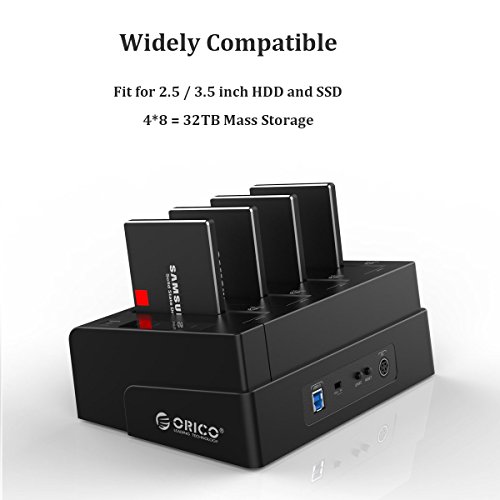 ORICO 6648US3-C 4 Bay USB 3.0 SATA I/II/III HDD Clone Festplattendockingstation – 1 zu 3 Klonfunktion für 2,5 und 3,5 Zoll Festplatten und SSDs – bis zu 4x8TB (=32TB) Speicherkapazität – ABS-Material Schwarze Farbe - 4