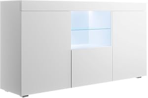 MB Muebles Bonitos, Aparador Natolia para Salón Comedor con Luz LED, Blanco Mate, 150x83x40 cm