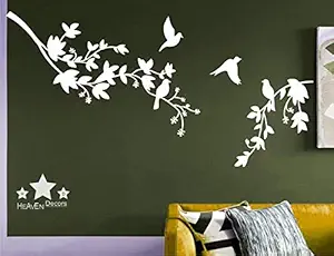 Heaven Decors Tree with Flying Birds Sticker Wallpaper (PVC Vinyl, Ideal Size on Wall 152 cm x 62 cm) White