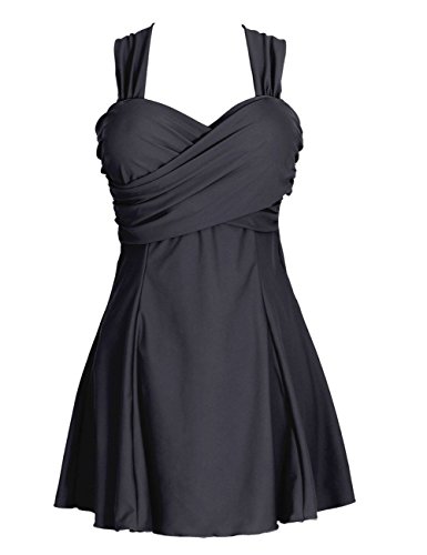 Firpearl Women's Retro 50s Crossover Front One Piece Swimsuit Swimdress 16 Black