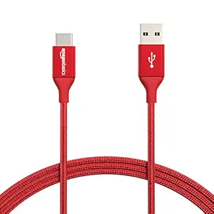 AmazonBasics Double Braided Nylon USB Type-C to Type-A 2.0 Male Cable, 6 feet, Red