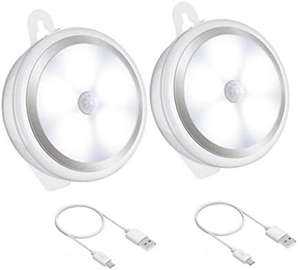 Motion Sensor Light, Carryme[2 Pack] 5 LED Long Life Cordless USB Rechargeable PIR Motion Activated LED Night Light with Free Adhesive Pads and Hanging Hoop , Wirless Kids Safe Desk Lights Wall Lamps Stick-Anywhere Indoors for Hallway, Stairs, Bedroom, Nursery, Bathroom, Kitchen,Cabinet,Closet,Wardrobe,Cupboard,Basement,Bookcase (White)