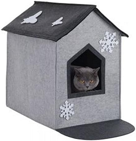 Spacious House-Shaped 2-in-1 Felt Cat Den XXL - W/ A Reversible Cushion - Decorated W/ Snowflakes And Butterflies - Quickly Assembled - Ideal For Large Cats And Small Dogs