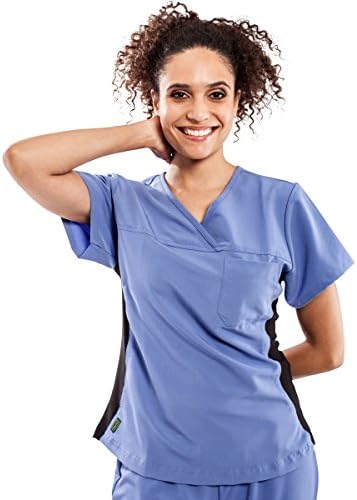 ave Women’s Scrub Top, Michigan ave, Yoga Style with Black Side Stretch Panels, Ceil Blue, X-Large