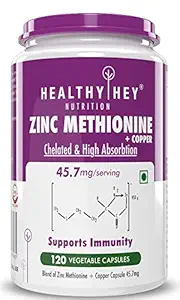 Healthyhey Nutrition Zinc Methionine Plus Copper, Supports Immune and Antioxidant Protection - 120 Veg Capsules