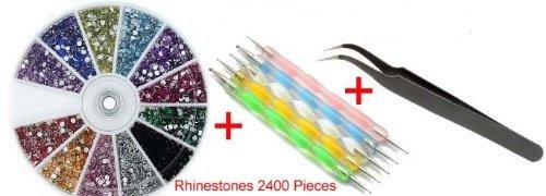 Well-Goal Colorful Rhinestones 1pcs Nail Art Tweezer and 5pcs 2 Way Marbleizing Dotting Pen Set