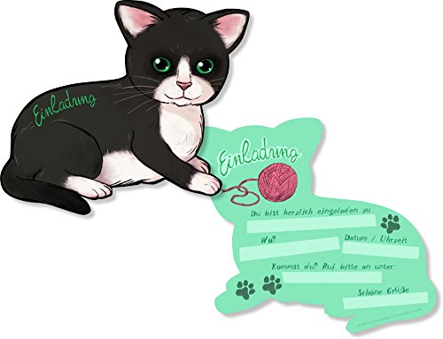6 Einladungskarten * SÜSSE KATZEN * in Katzenform gestanzt für einen Kindergeburtstag oder Party von DH-Konzept // Kinder Geburtstag Party Einladung Einladungen Karten Mottoparty Cat Katze