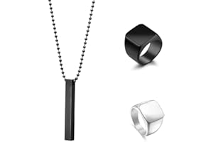 (Pack Of 3) Trending Alloy Metal Finger Ring Set With Black Cuboid Rectangle Neck Pendant For Boys And Men
