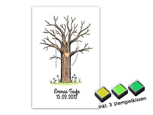 DIN A4 Fingerabdruck Gästebuch – personalisierter Baum für deine Hochzeit – von Papierdrachen – mit Stempelkissen – individuell – Wedding Tree – Motiv mittlerer Baum bunt - 2