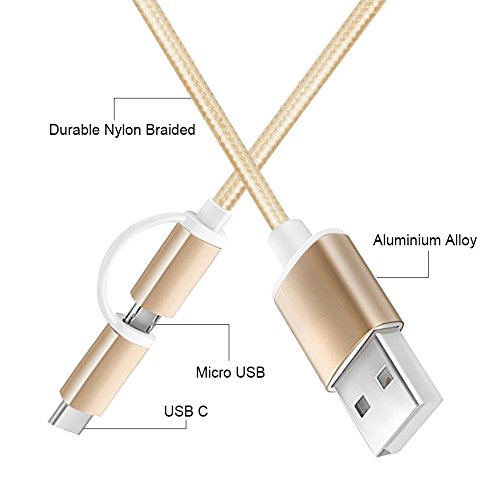 2 in 1 Ladekabel, 1.2m kabel Nylon umflochtenes Micro auf Type C USB Ladegerät für Samsung S5 S6 S7 Und the new MacBook, ChromeBook Pixel, Nexus 5X, Nexus 6P, Nokia N1 Tablet, OnePlus 2 und andere USB-C-Geräte(Gold) - 5