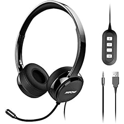 Mpow Auriculares USB PC de Teléfono Cerrados con Micrófono, Auriculares con Cbale y Reducción de Ruido, 2,4 Metros, 2 Enchufes de 3,5mm y USB, Compatible con XBOX, VoIP, Skype, Moviles Ipad y PC