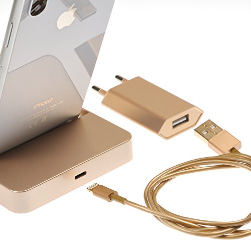 Original iProtect® Super 3 in 1 Set gold Dockingstation Ladestation und USB Datenkabel Ladekabel und Netzteil Adapter für Apple iPhone 5 5s 5c, iPod Touch 5G, iPod Nano 7G - 3