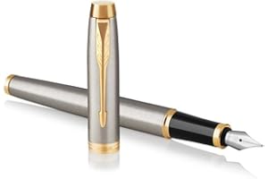 Parker 1931656 IM Penna Stilografica, Punta Media e Ricarica di Inchiostro Blu, Confezione Regalo, Brushed Metal Golden Trim