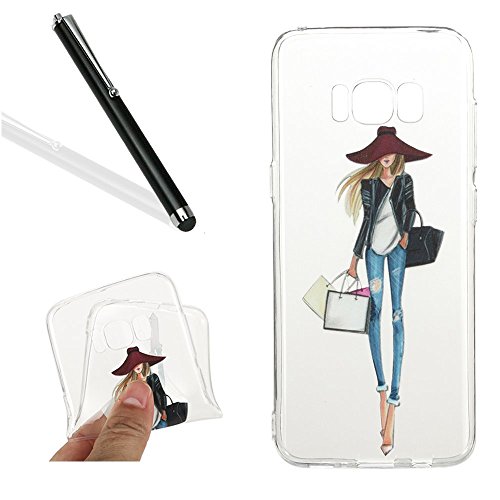 Galaxy S8 Plus Tpu Case,Galaxy S8 Plus Clear Case,Leeook Thin Transparent Slim Fit Soft Gel Flexible Scratch-Resistant Fashion Shopping Lady Pattern Crystal Clear Silicone Tpu Rubber Bumper Case Cover for Samsung Galaxy S8 Plus+ 1x Black Stylus