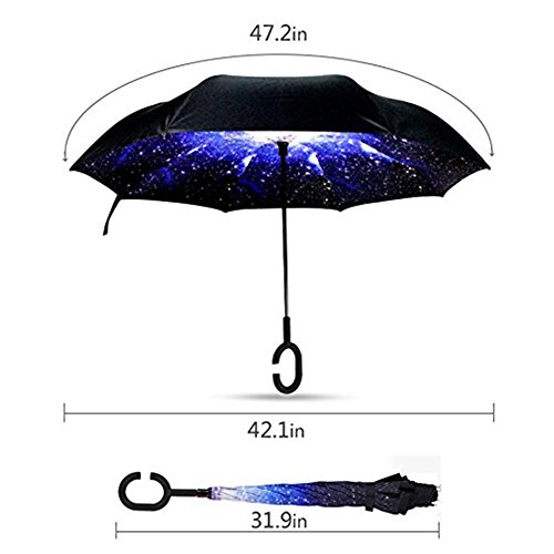 Double Layer Inverted Regenschirm stabil winddicht UV-Schutz faltbar Dach selbst für Auto Regen Schutz C-Form Griff Verwendung Reisen und Auto Premium Regenschirm mit Etui, leicht, winddicht,Taschenschirm / Reise-Regenschirm / Outdoor-Regenschirm (Bright stars) - 4