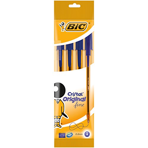 BIC Cristal Original Fine - Blíster de 4 unidades, bolígrafos punta fina (0,8 mm), color azul