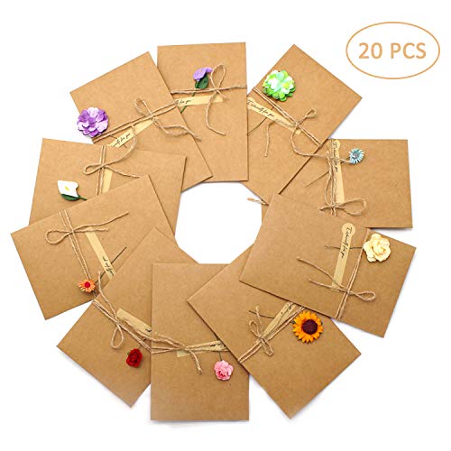 20 tarjetas de Auguri, hechas a mano retro papel Kraft, sobres vacíos, flores secas decoradas tarjeta para ocasiones importantes, felicitaciones de boda, cumpleaños, invitaciones de carta