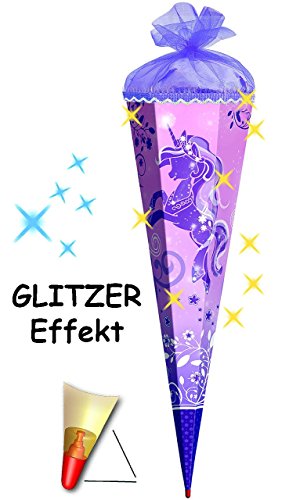 Schultüte - " Einhorn - violett " - 22 / 35 / 50 / 70 / 85 cm - Zuckertüte Roth - ALLE Größen - rund oder eckig - mit / ohne Holzspitze - für Mädchen / Geschenktüte - Pferd / Einhörner - Tiere - Märchen Blumenranken Prinzessin - Pferde