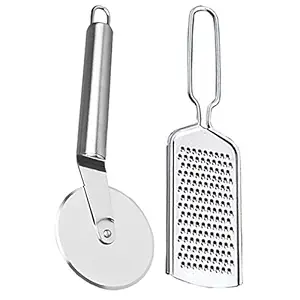 Oc9 Stainless Steel Wheel Pizza Cutter & Vegetable Grater / Cheese Grater Silver Kitchen Tool Set (Design 4)