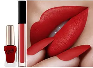 HUDACRUSH BEAUTY Professional Makeup Kit for Girls, Combo Pack of Lipstick with Matching Shade Nail Polish Set, Matte Finish - Red Edition