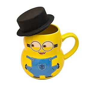 Pride Store Minion Mug with lid Cap Ceramic Yellow Color for Milk Tea Beverage Mug for Kids Friends Sister Brother Birthday Gift Mug Coffee Mugs 400 ml (Minion Ice-creem with lid)
