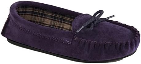 Ladies Purple Suede Moccasin Slippers With Tartan Lining and Hardwearing Sole - Amanda - Purple - size UK Ladies Size 5