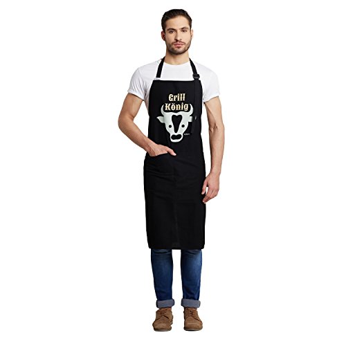 Inhoma Grillschürze bedruckt: „Grill König“ in Schwarz | 100% Baumwolle | Barbecue-Schürze mit praktischen Taschen & verstellbarem Nackenband | extra groß 1x1m | Männergeschenk | mit Spruch - 7