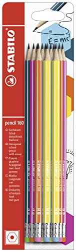 STABILO B-50743-10 160 Bleistift mit Radierer, Härtegrad HB, 12er Pack, petrol/gelb/orange/blau/rosa
