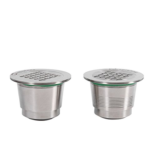 détail 2Pcs Capsule de café réutilisable en acier inoxydable design volet avec Cuillère Bague étanche et Brosse nettoyage pour machine Nespresso (Type Poli-miroir+Fileté)