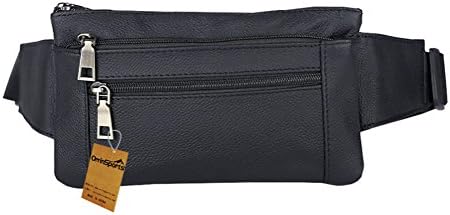 OrrinSports Leather Waist Bag Kraft First Layer Multiple Pockets for Daily Life and Sports Black